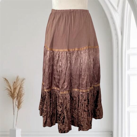 Ethereal Fairy Grunge Brown Tan Velvet Satin Flowy Midi Maxi Rayon Skirt S - Picture 1 of 6